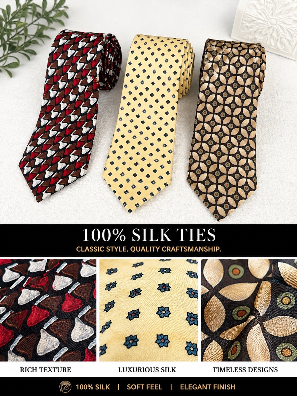 Silk Neckties in Red, Yellow, Brown Patterned SET OF 3 ❤️